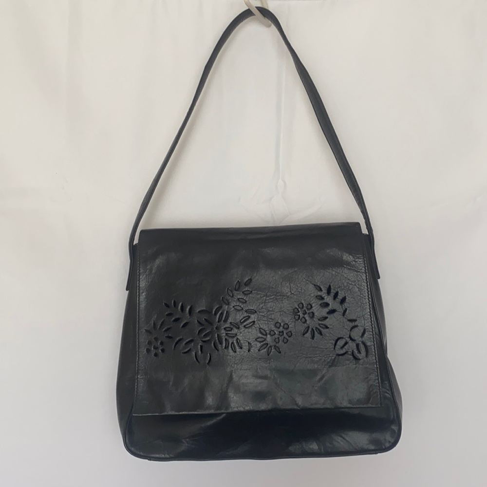 Banana Republic Floral Laser Cut Black Leather Flap Shoulder Bag - Picture 2 of 11